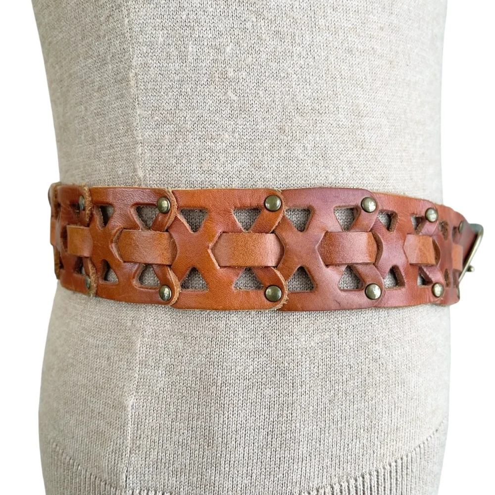 Cognac Brown Wide Waist Oversized Studded Leather Belt Festival 90s Size S